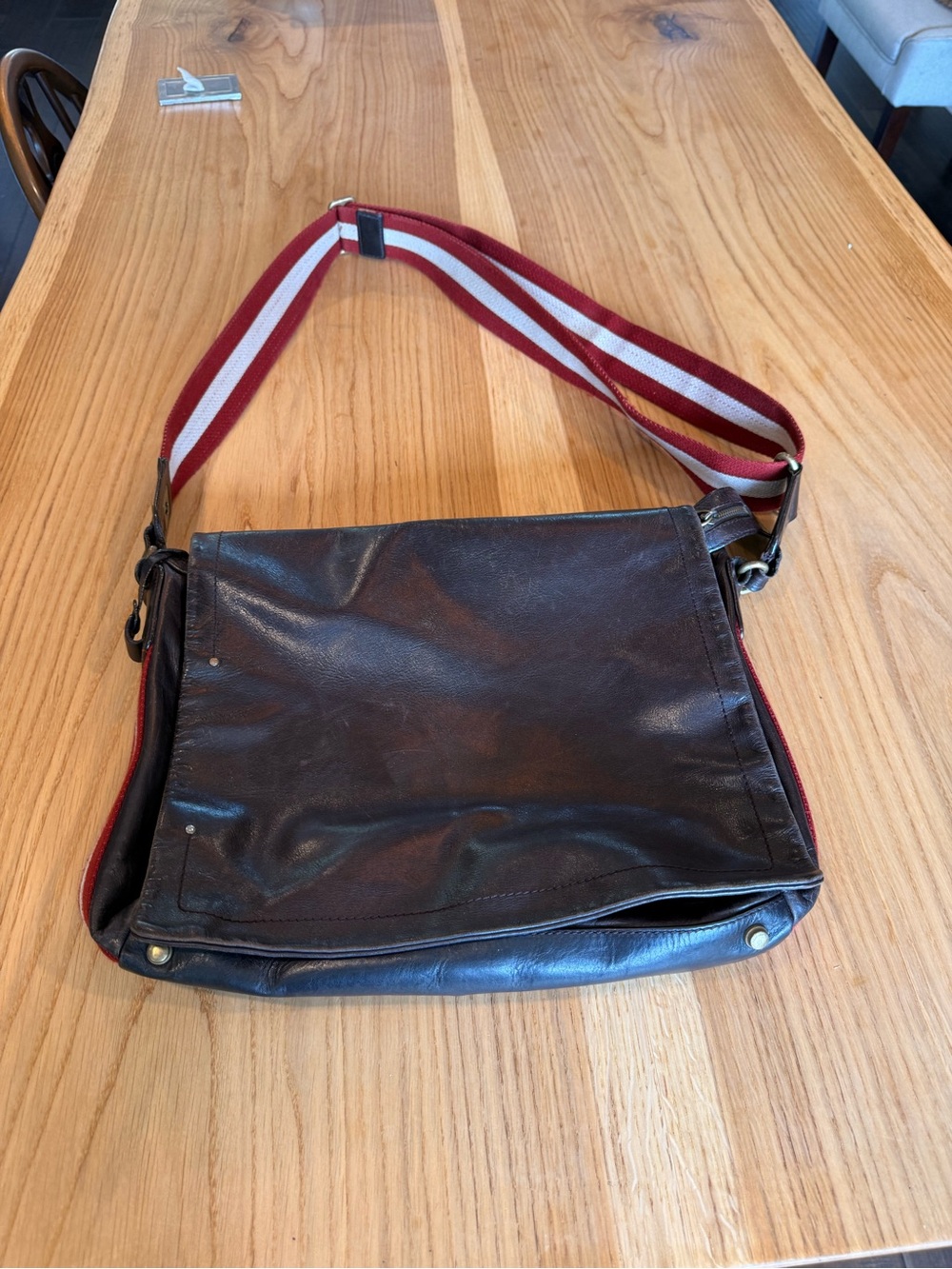 Vintage Bally Dark Brown Leather Messenger Bag with Red and White Stripe Strap